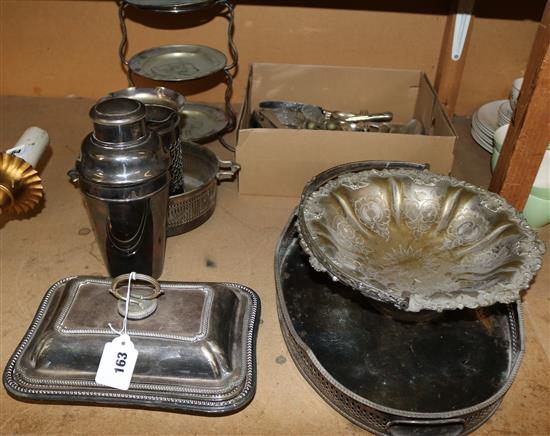 Silver plated tray, cocktail shaker, cutlery etc.